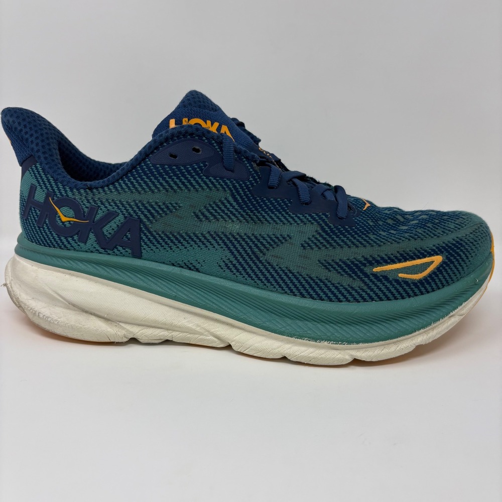 Hoka Clifton 9 Mens Size 10 Blue Green White Athletic Running Shoes Sneakers